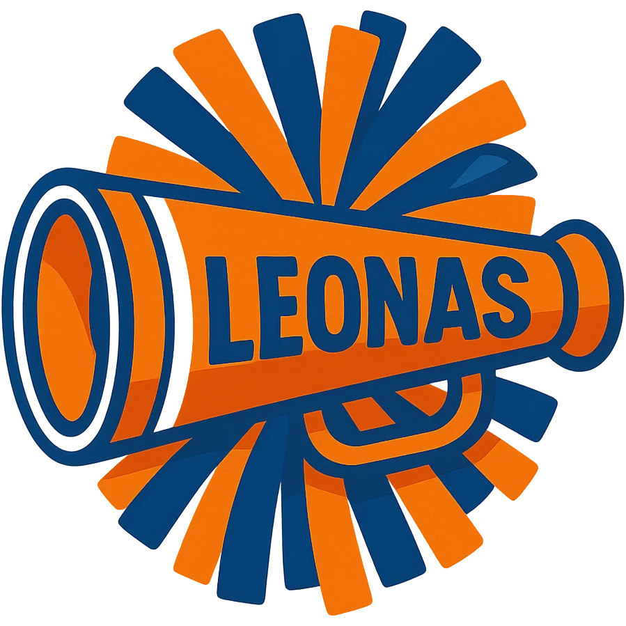 cheerleading megaphone in orange, blue and white colors, with 'Leonas' written, vibrant illustration style emoji