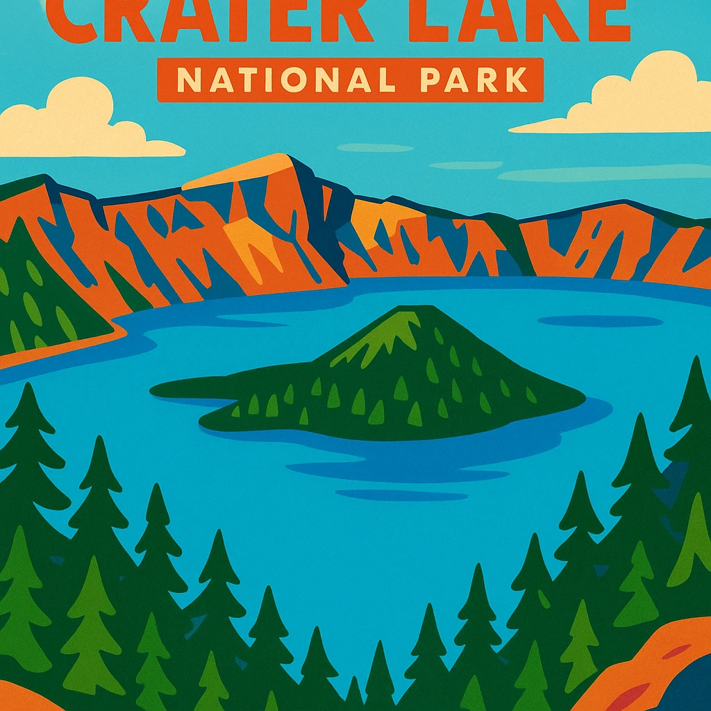 Crater Lake National Park, vibrant cartoon style, bright blue water, green pine trees, dramatic cliffs, Wizard Island in the center emoji