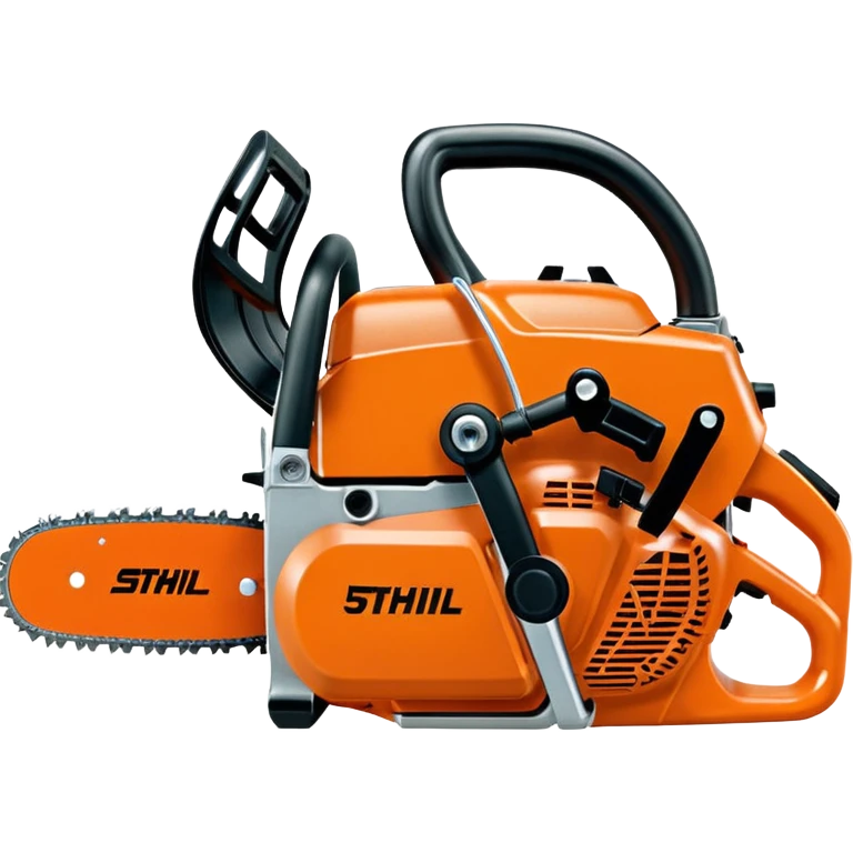 Stihl MS500i chainsaw, side view, showing the Stihl logo clearly, realistic proportions but simplified details, bright orange and silver color scheme, clean design, suitable for emoji style emoji