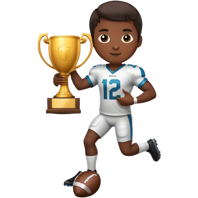 football player with dark brown hair full body image holding a trophy and football emoji