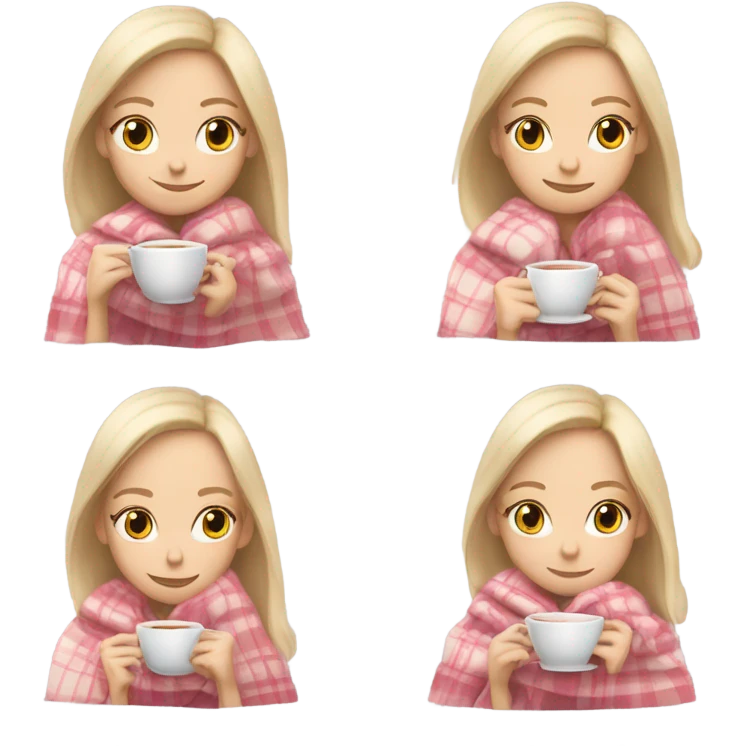 A pale blonde girl covered in a plaid light pink blanket sipping hot tea emoji