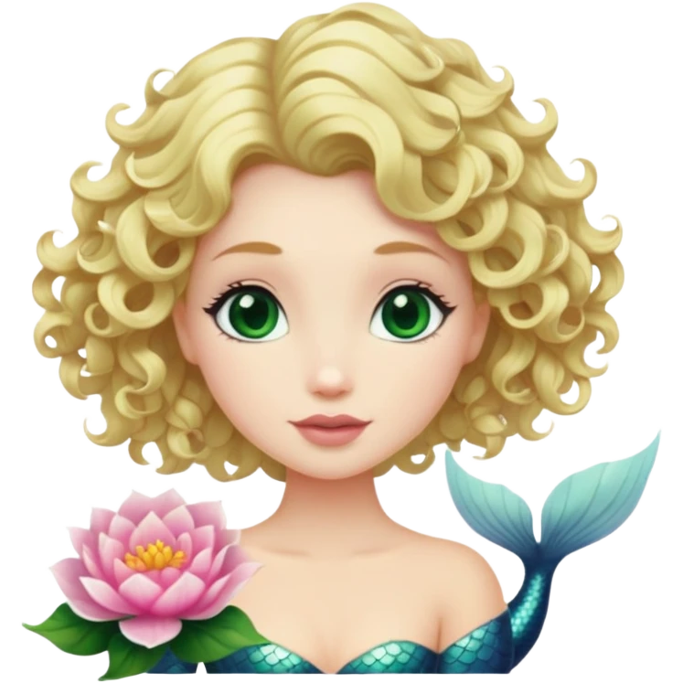 Uma sereia Branca, loira dos cabelos cacheados curtos até o ombro, com olhos verdes escuros, e no cabelo uma flor rosa clara emoji
