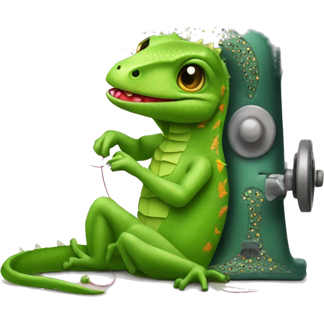 Sweet cute lizard sewing on singer machine emoji