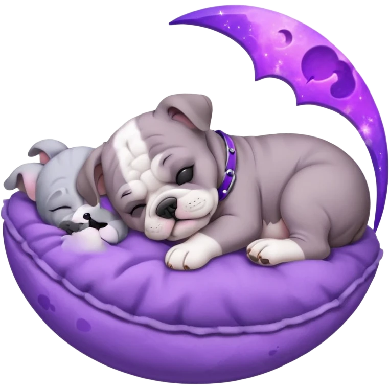 purple moon with a sleeping grey bull dog puppy with a purple collar emoji