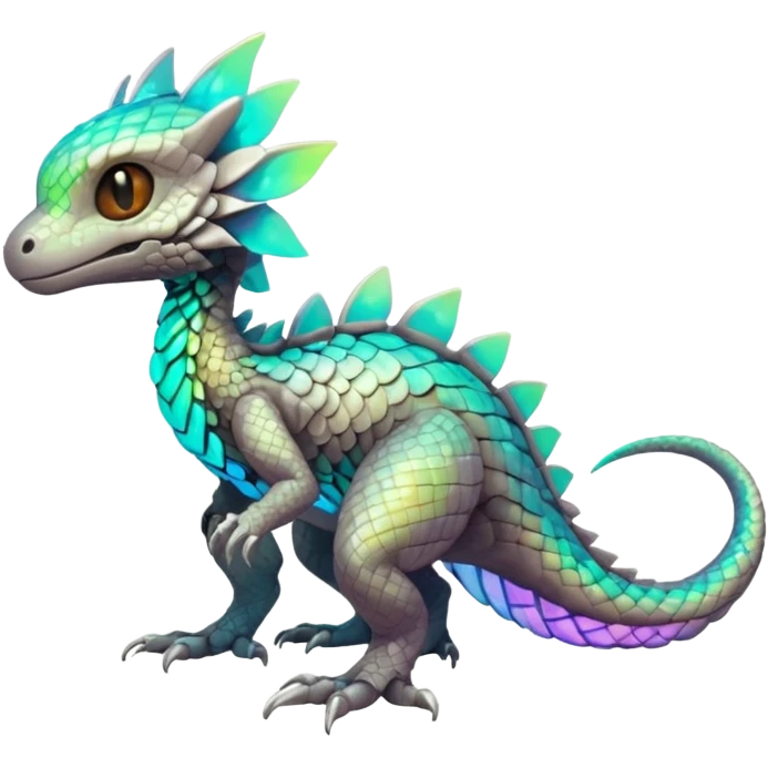 futuristic lush warm-colored iridescent whitish silvery scaley neon-colored Fakémon-Trico-creature (full body) emoji