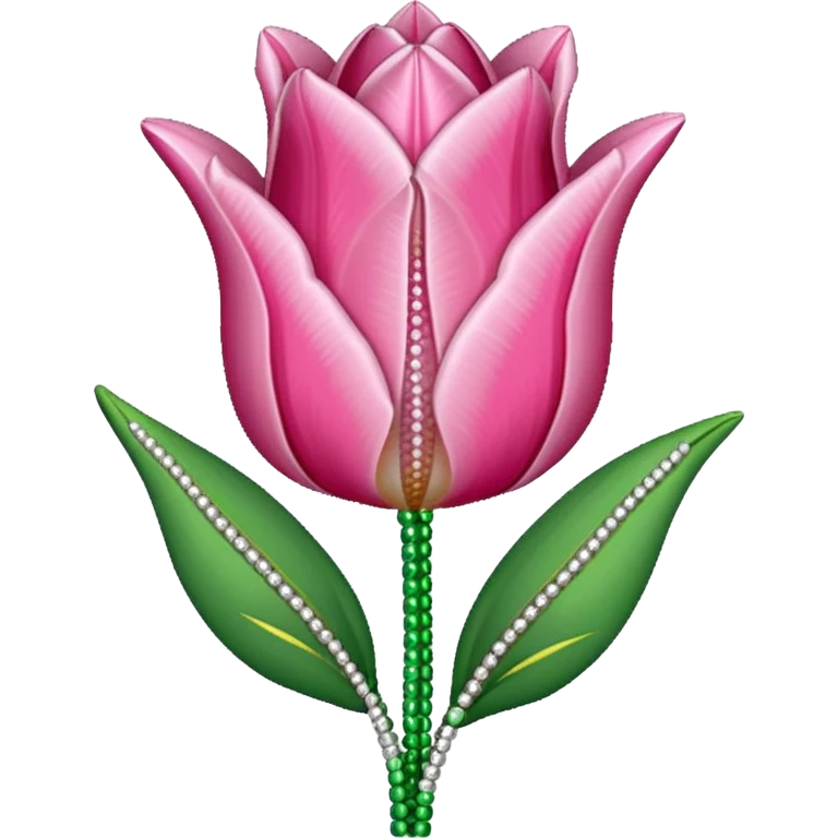 french beaded pink tulip flower with 2 leaves emoji
