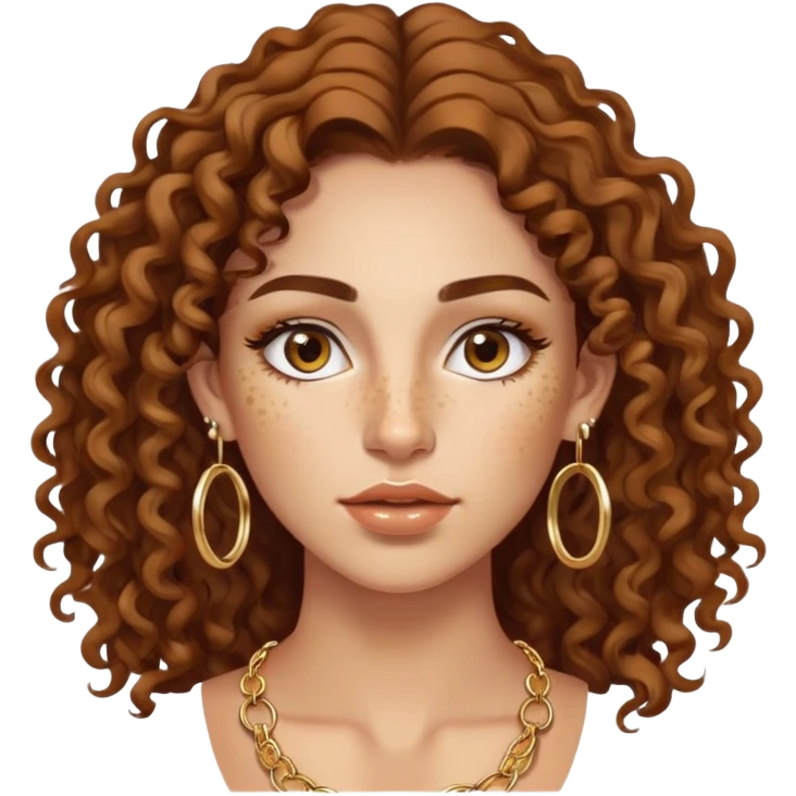 Attractive Greek woman with freckles, long curly hair, gold hoop earrings, small necklace, and lip liner on her lips emoji