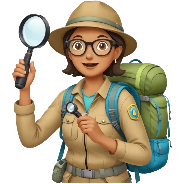 Middle-aged woman explorer with glasses in bright hiking gear and backpack, excitedly holding magnifying glass emoji