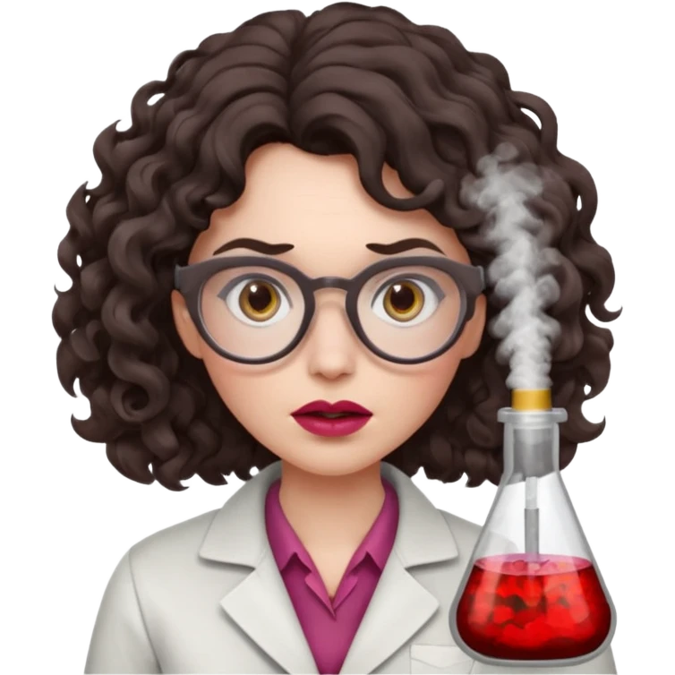 A crazy female scientist, with curly-wavy dark brown medium lenght hair, brown eyes and light grey glasses and pale skin and pinkish lips, dressed to look like an english teacher but in neutral tones like grey black white, maybe with the pop of dark red, with no girly colors, she should look mad emoji