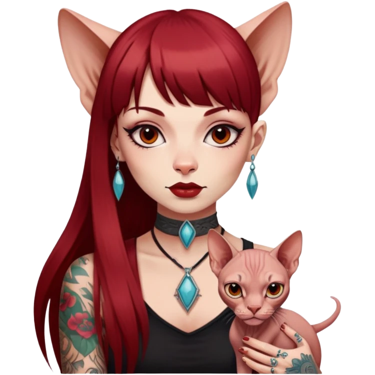 girl with long dark red straight bangs hair and tattoos and a Sphynx emoji