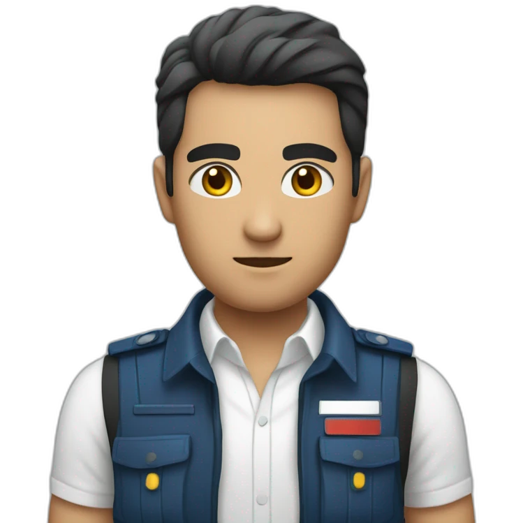A PERUVIAN SECURITY AGENT, IN A BLUE VEST AND WHITE SHIRT. SAY OK WITH YOUR HAND. SERIOUSNESS. emoji