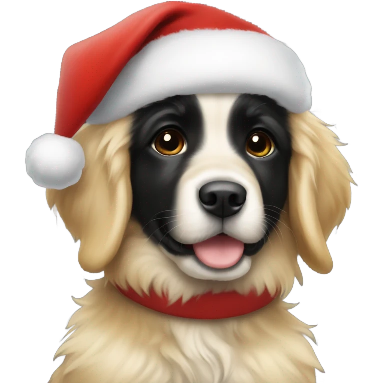 solid black fluffy puppy wearing red vest with white golden retriever wearing a santa hat emoji