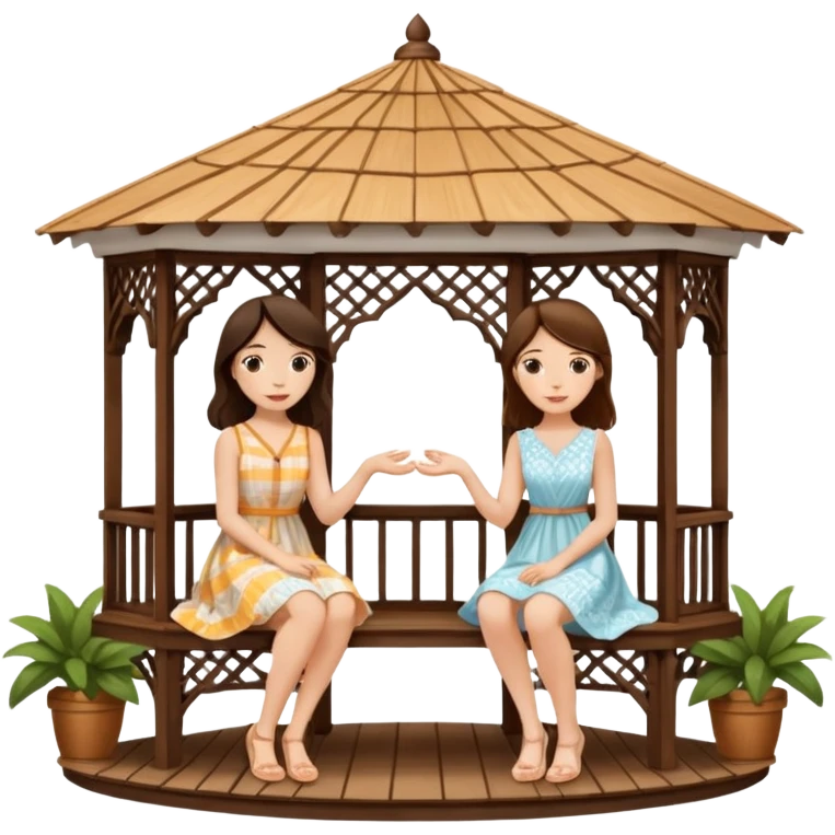 Two brunette women sitting inside a large white gazebo emoji