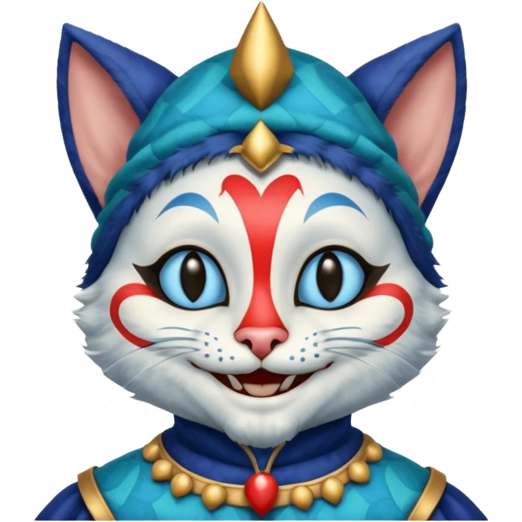 crazy colorful cute little cat jolly joker, medieval, vintage, court jester, mac os icon, blue color emoji