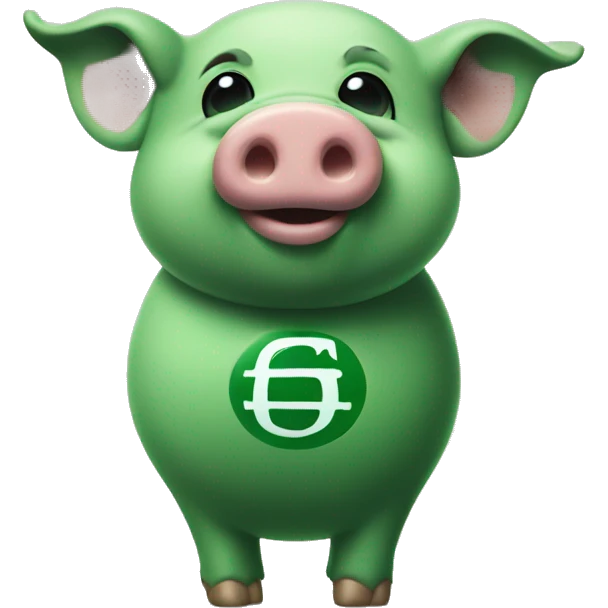 Pig facing right but looking at you and smiling with a tattoo of a dollar sign on his side in green ink emoji