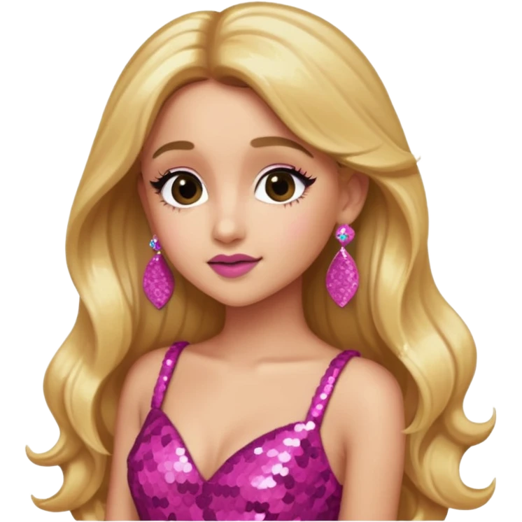Ariana Grande with long golden blonde hair, dark pink sequin dress, pink earrings emoji