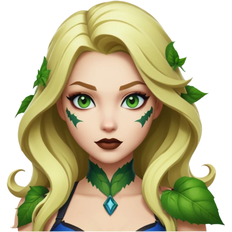 poison ivy fortnite skin with  dark blue eyes. With green lips and blonde hair emoji