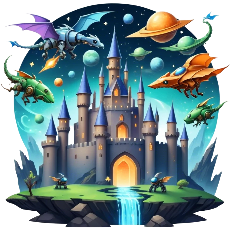 Icon for Fantasy and Sci-Fi Movies: A magical collage with flying dragons. futuristic spaceships and UFOs. Stars and planets shimmer in the background with a mystical castle Hogvards an ancient wizard and robots. The atmosphere is epic, otherworldly and adventurous. Transparent background. emoji
