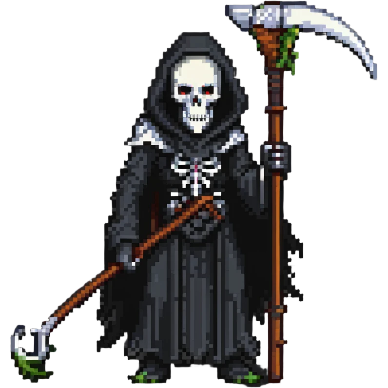 Grim reaper with scythe, skull face, death personified emoji