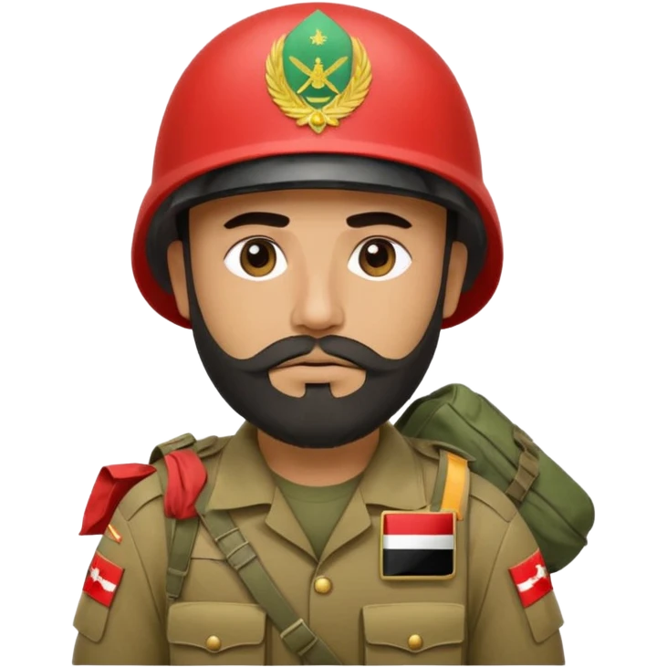 A tired, swarthy Iraqi soldier with a beard, an Iraqi flag on his helmet, a sad expression and bags under his eyes emoji