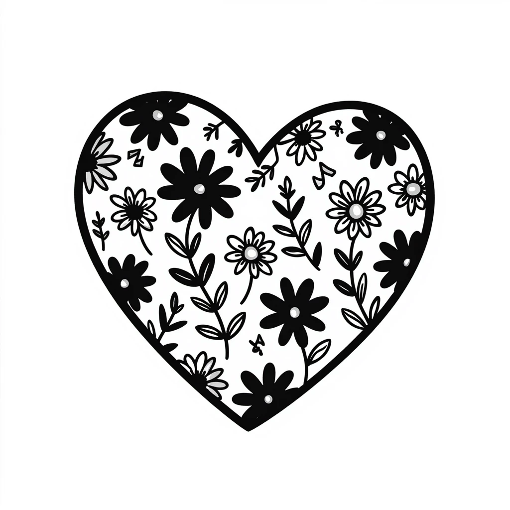 hand drawn heart with floral doodle decorations, doodle style emoji