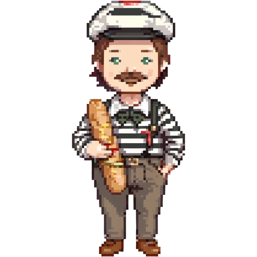 Frenchman with moustache, beret, holding baguette, black and white striped shirt, pixel art style. emoji