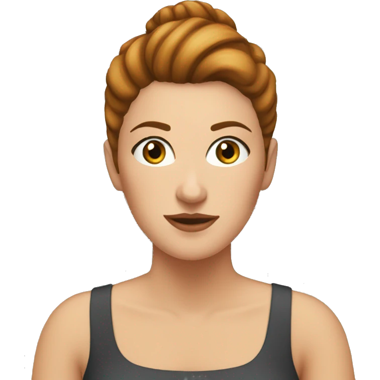 White woman with European features, sitting at a computer. She has reddish-brown hair styled in a high bun and a few freckles on her face emoji