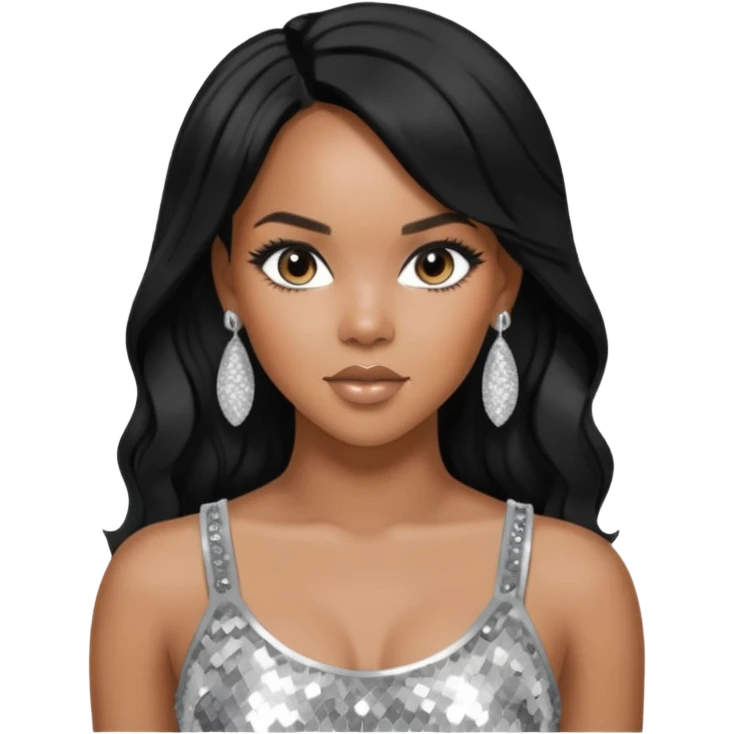 LeToya Luckett with black long hair, silver sequin crop top, silver earring emoji