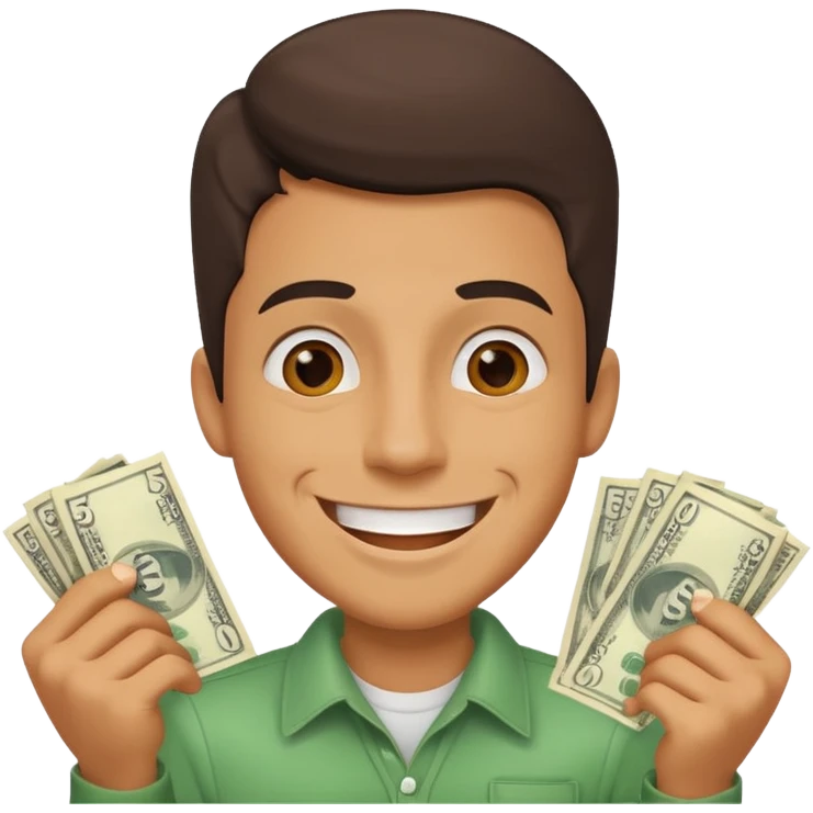 a cheerful guy with dollar bills and a big smile, showing off $5000 emoji