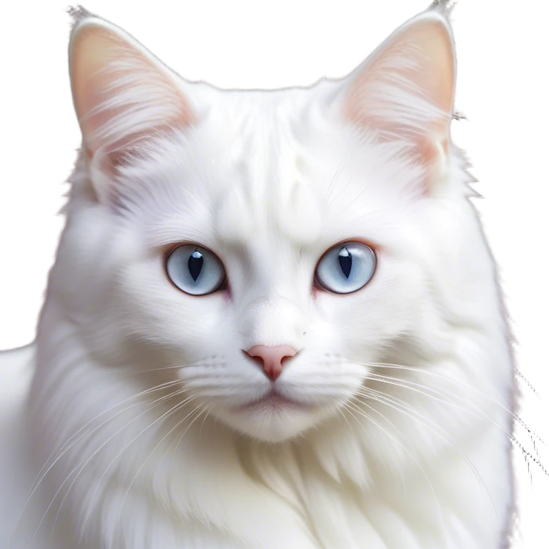 Cinematic Noble White Cat Portrait Emoji, Poised and stately, with a pristine, snow-white fur accented by delicate hints of silver, refined whiskers and a serene, focused gaze, simplified yet impeccably detailed, glowing with an ethereal radiance and timeless elegance, high shine, exuding calm intelligence and regal simplicity, soft glowing outline, capturing the essence of a noble white cat that radiates quiet majesty! emoji