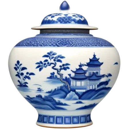Cinematic Realistic image of exquisite blue and white porcelain, rendered with delicate, intricate patterns and fine textures, showcased against a classic Chinese backdrop with soft, refined lighting emoji