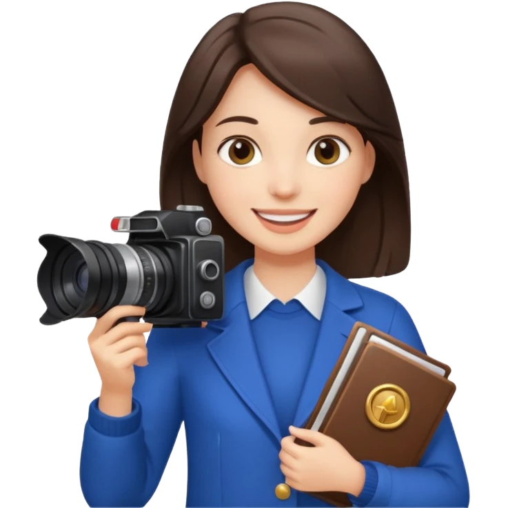 A brunette girl , she’s a proud and successful filmmaker 🍿🌍✨ she’s next to a camera, / holding awards  emoji
