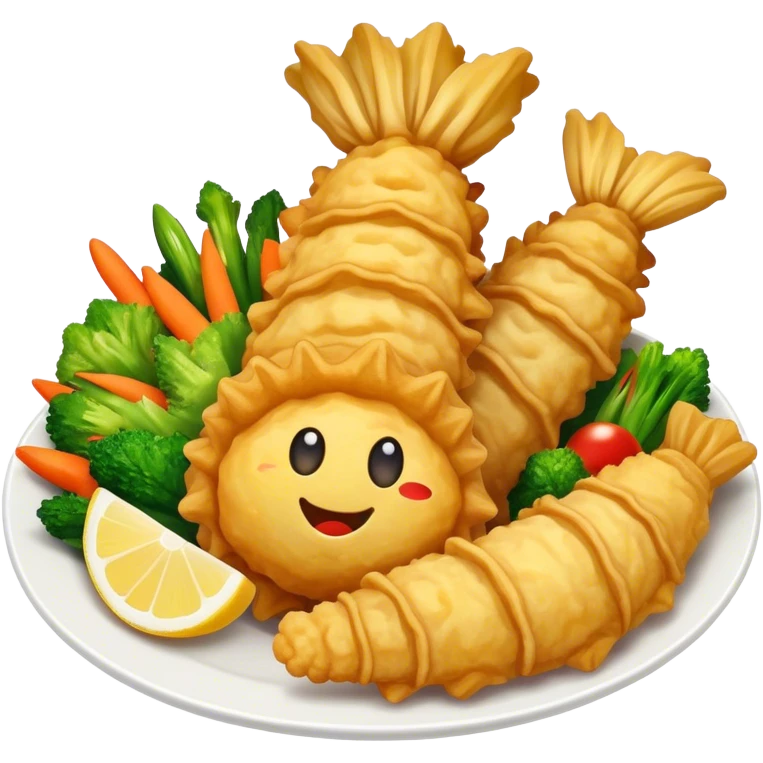 Tempura Cinematic Realistic Tempura Dish Emoji, depicted as extra crispy, lightly battered seafood and vegetables, rendered with vivid textures and dynamic, bright lighting. emoji