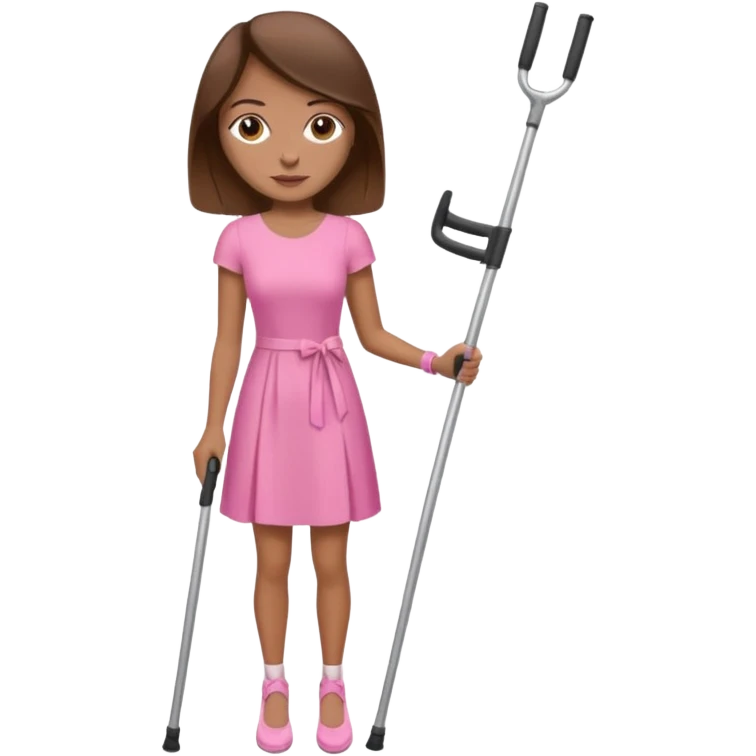 A woman with crutches , a pink dress brown hair and brown eyes emoji