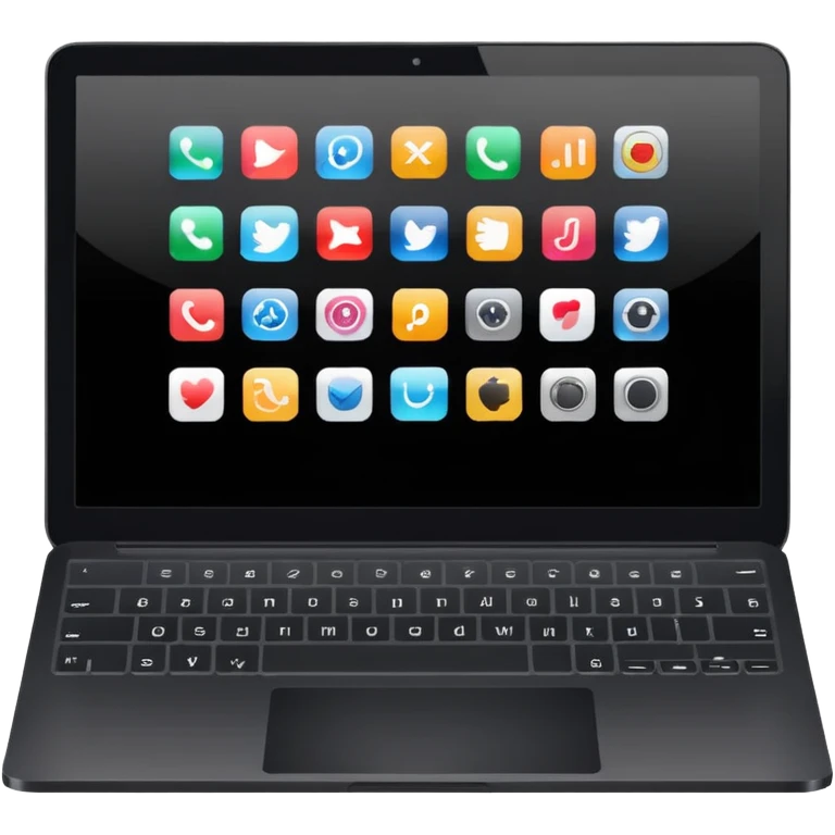 A simple black laptop displaying app icons in grid, no key labels emoji