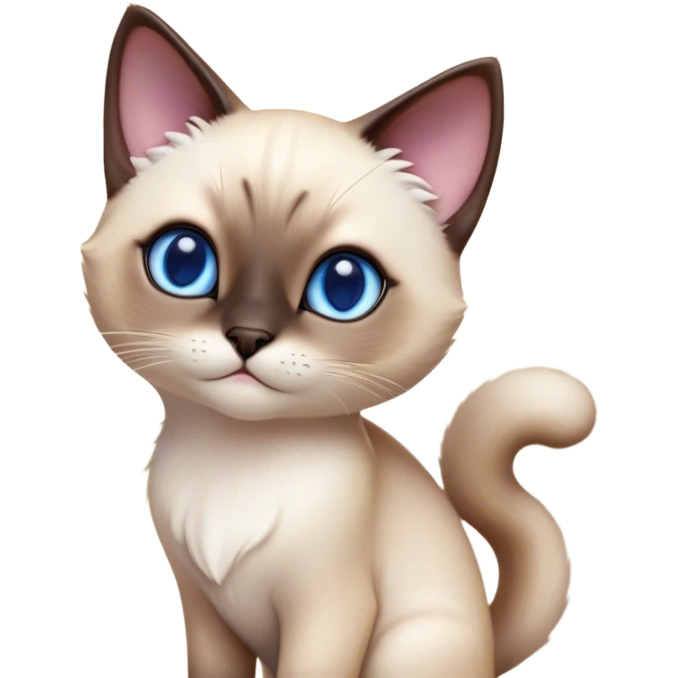 Cinematic Cute Siamese Cat Portrait Emoji, slender body, soft cream-colored fur with rich dark points on the ears, face, paws, and tail, big, sparkling sapphire-blue eyes, Simplified yet irresistibly adorable features, highly detailed, glowing with a warm, cozy glow, high shine, curious yet calm, stylized with a touch of whimsy, bright and endearing, soft glowing outline, capturing the essence of a mischievous yet lazy and loveable kitty, so cuddly it feels like it could waddle right out of the screen for a snuggle! emoji
