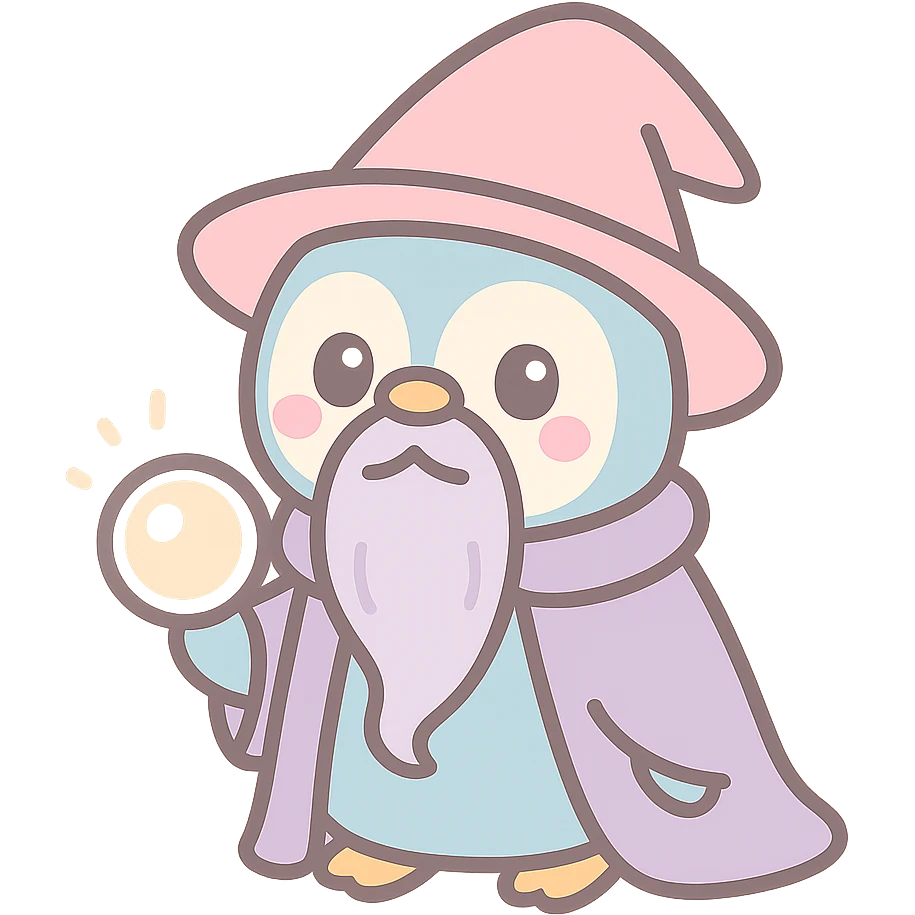 a penguin wizard with a long beard, wearing a cloak and holding a glowing orb emoji