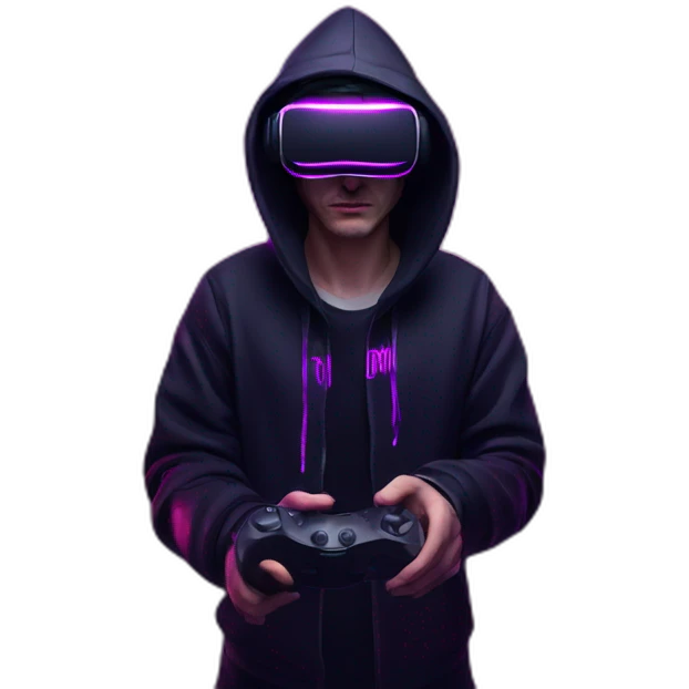 Russian man wearing a black hoodie with "OMG" letters on it and VR headset in a cyberpunk VR environment with violet neon lighting. emoji