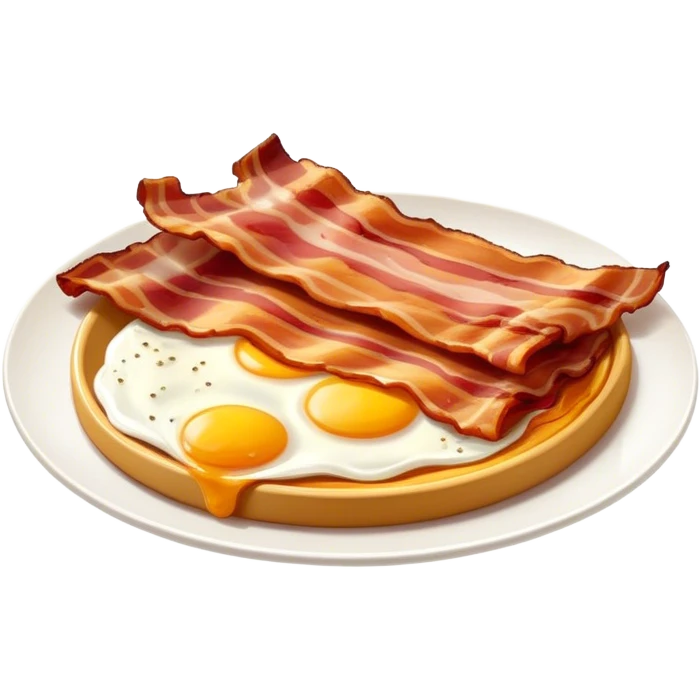 Cinematic crispy sizzling bacon, slightly curled, golden-brown with a perfect crunch, glistening with rich flavor, deep warm tones, served on a breakfast plate, comforting and indulgent. emoji