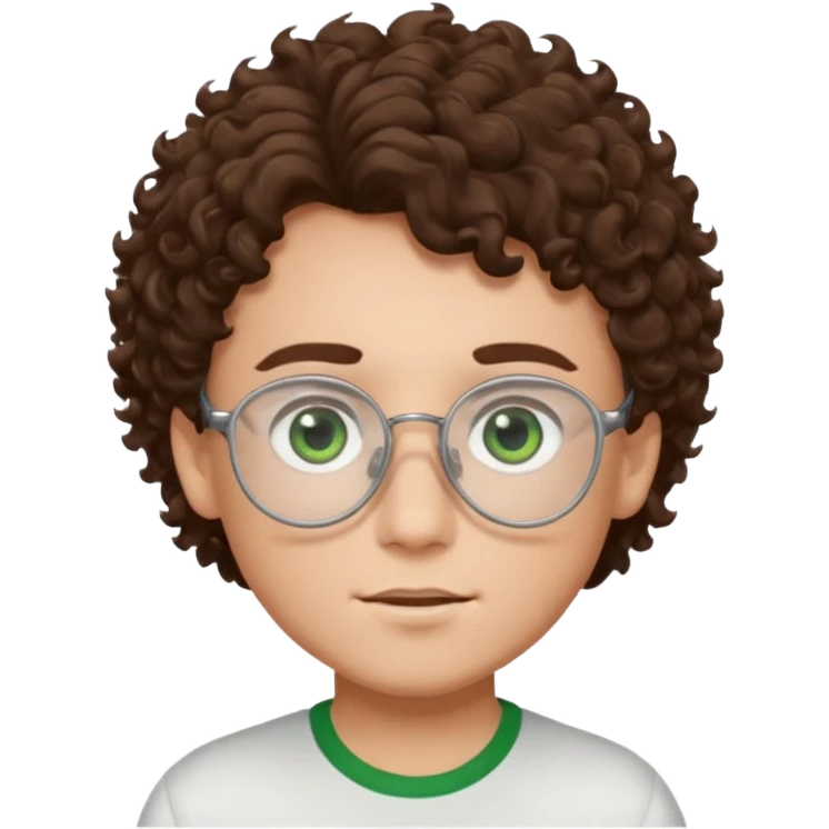 Boy with brown curly hair and dark green eyes in white glasses emoji