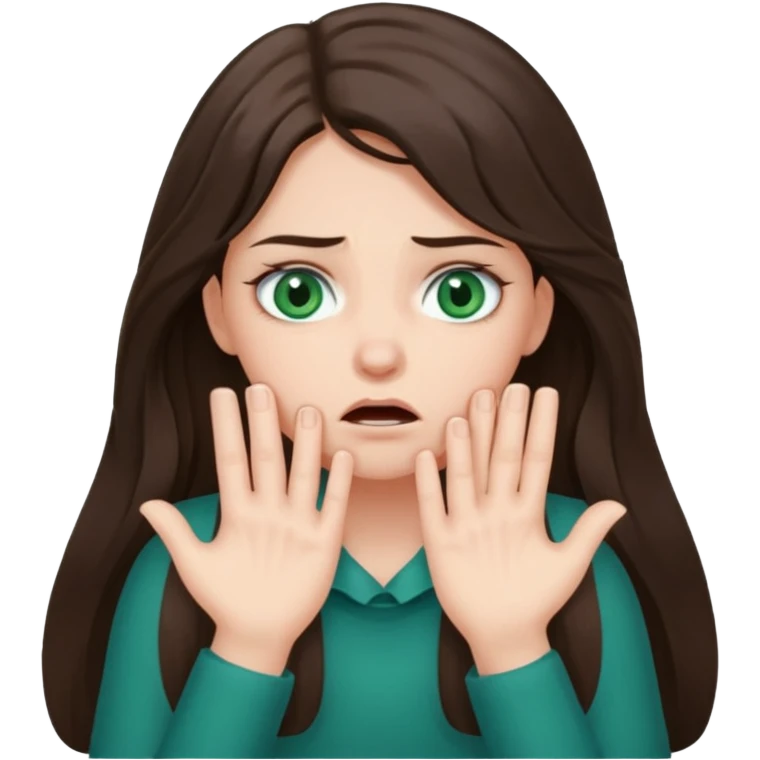 Brunette girl with long hair and bluish green eyes, choking herself with two hands and annoyed looking eyes  emoji