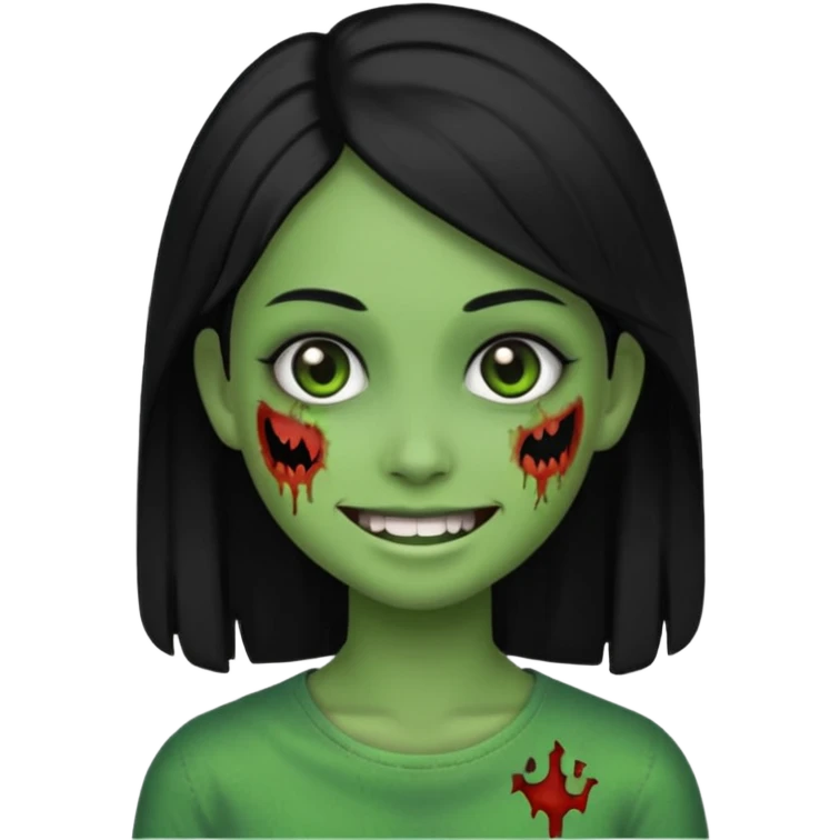 smiling half-zombie girl emoji, straight black hair, green skin, no text emoji