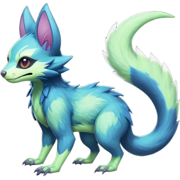 Realistic Sharp mossy elemental detailed Colorful translucent luminescent glowing Trico-Noibat-batty-Sergal-Furret-Ferret-Wolverine-Vernid-furry-fursona-fusion-Fakemon-animal-hybrid-creature, full body emoji