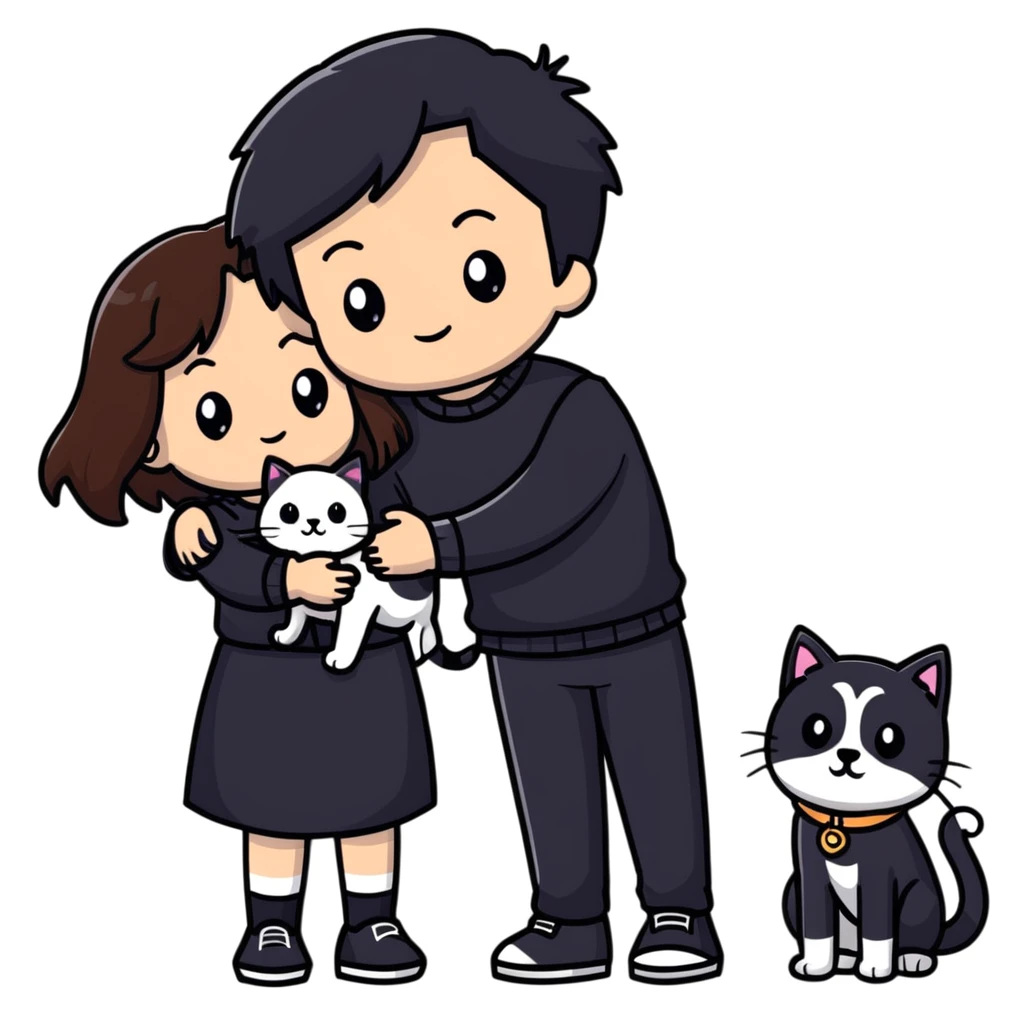 A girl with long brown hair holding the hand of a boy with black hair, both dressed in black, holding a cat and dog emoji
