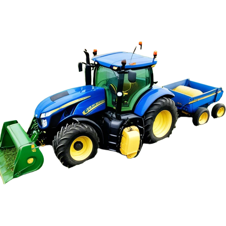 Baler – New Holland Roll-Belt 560 (2018) – Cinematic-realistic John Deere 6155M tractor towing a New Holland Roll-Belt 560 baler, its deep green body contrasting with the bright blue baler. The massive machine moves steadily through golden fields, compressing freshly cut hay into tight round bales, while dust swirls under the blazing afternoon sun. emoji