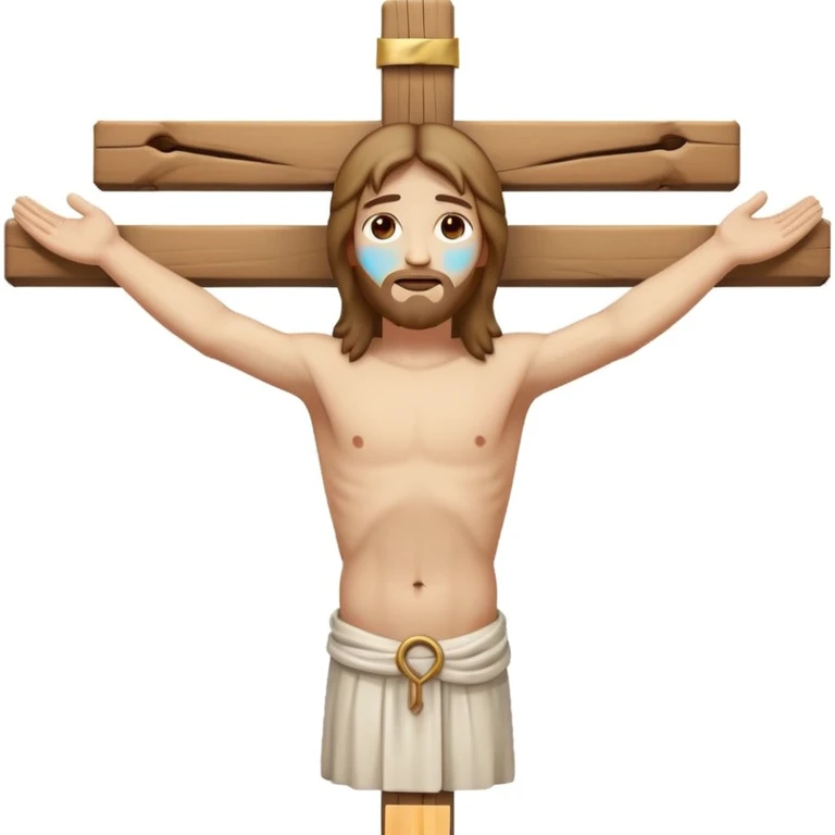Spiritual emoji of Jesus on the cross, outstretched arms, simple wooden cross, subtle wounds, peaceful and humble expression, soft and muted colors, minimalistic and reverent, sacred icon reduced to emoji scale emoji
