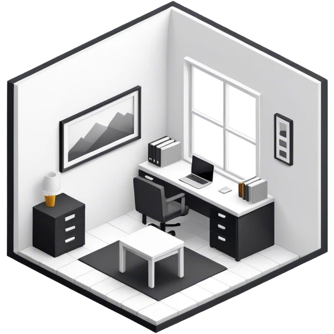 An isometric 3D room with two white walls that meet at the back left and right and a single Window. Black and White Home Office emoji
