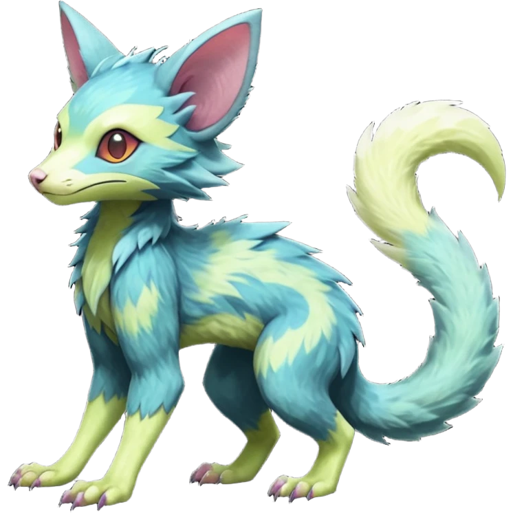 Realistic Sharp mossy elemental detailed Colorful translucent luminescent Trico-Lykoi-Noibat-Sergal-Furret-Ferret-Wolverine-Vernid-furry-fursona-fusion-Fakemon-animal-hybrid-creature, full body emoji