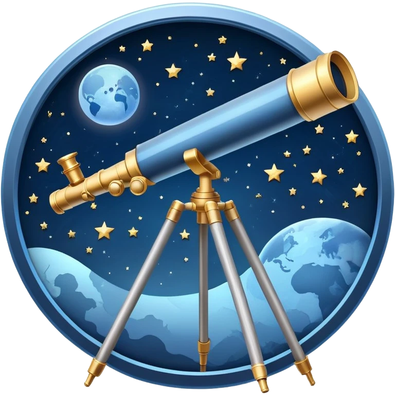 An icon featuring a telescope, stars, and a planet, symbolizing astronomy. The design includes a crescent moon, distant galaxies, and constellations, representing the study of space and celestial bodies. Transparent background highlights the exploration of the universe and cosmic phenomena. emoji