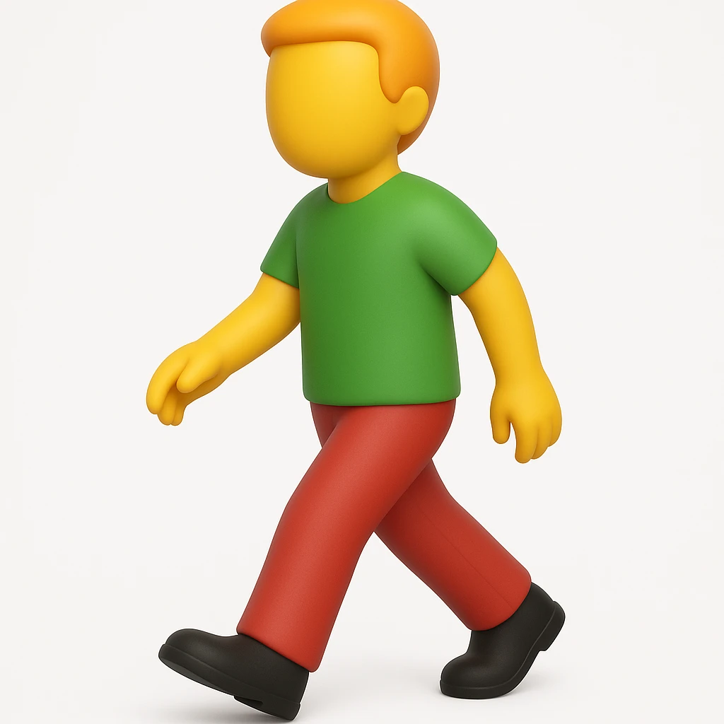 Create a walking man emoji with moderate red pants, a green shirt, and no face, in a 3D emoji style inspired by the reference image. Keep the pose and proportions similar to the original. emoji